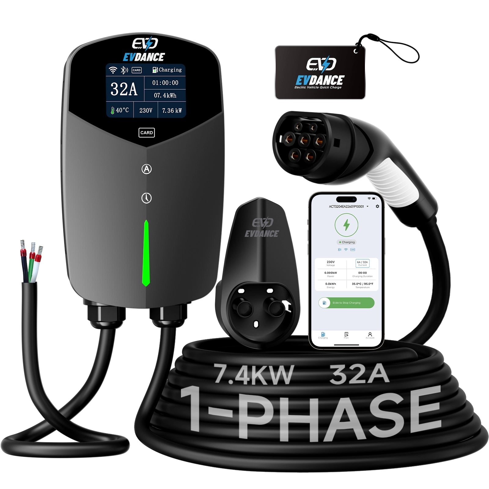 EVDANCE 32A Wallbox EV Charger – Single Phase Type 2, 7.36kW
