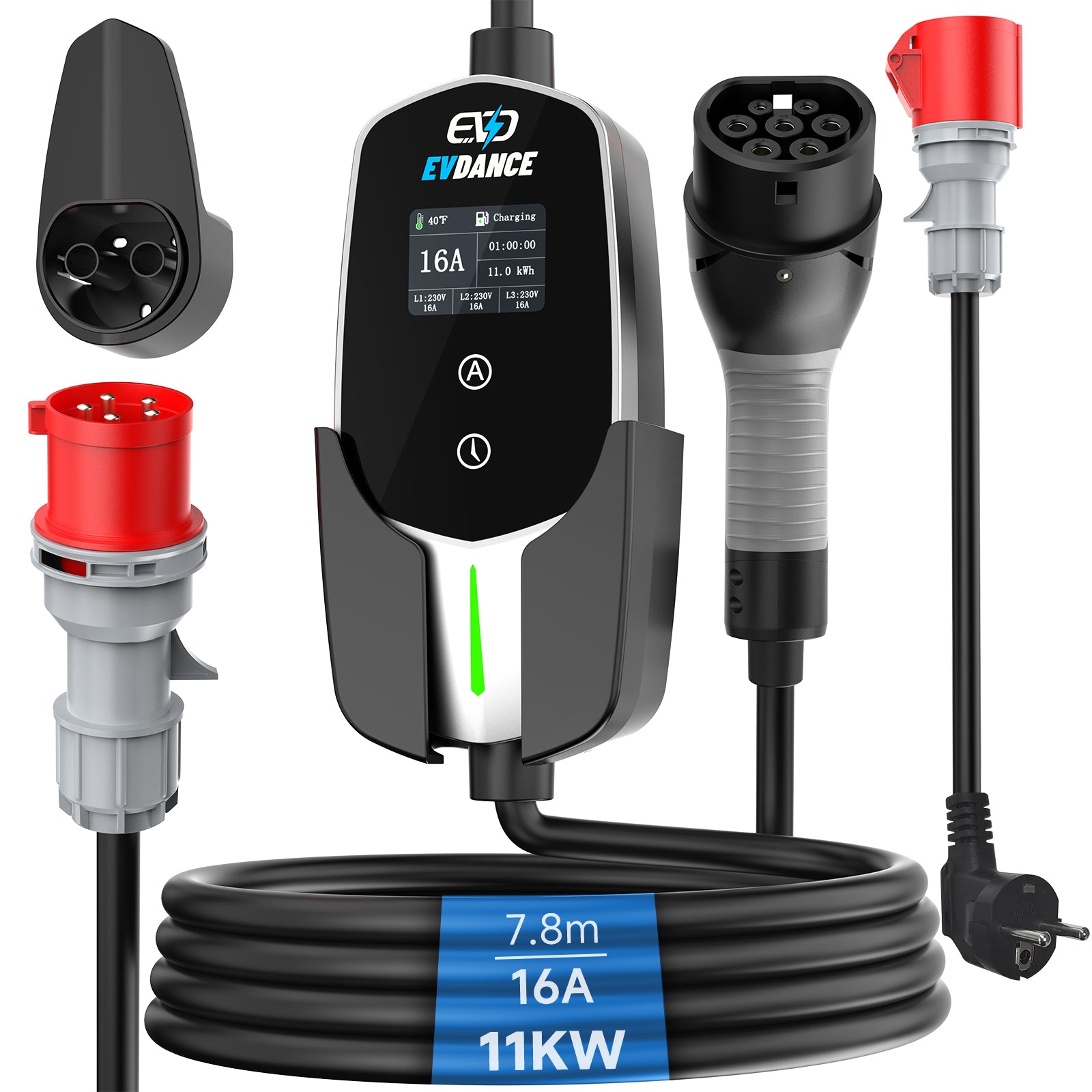 EVDANCE 11kW Mobile Wallbox – 3 Phase Type 2 EV Charger, 16A | 6mA DC Protection