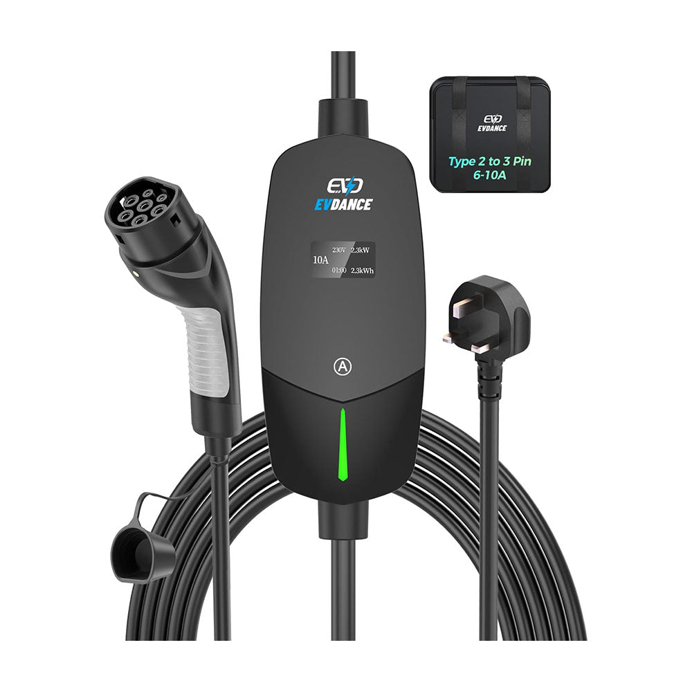 EVDANCE UK 3-Pin Portable EV Charger – Single Phase Type 2, 10A / 2.3kW | Basic