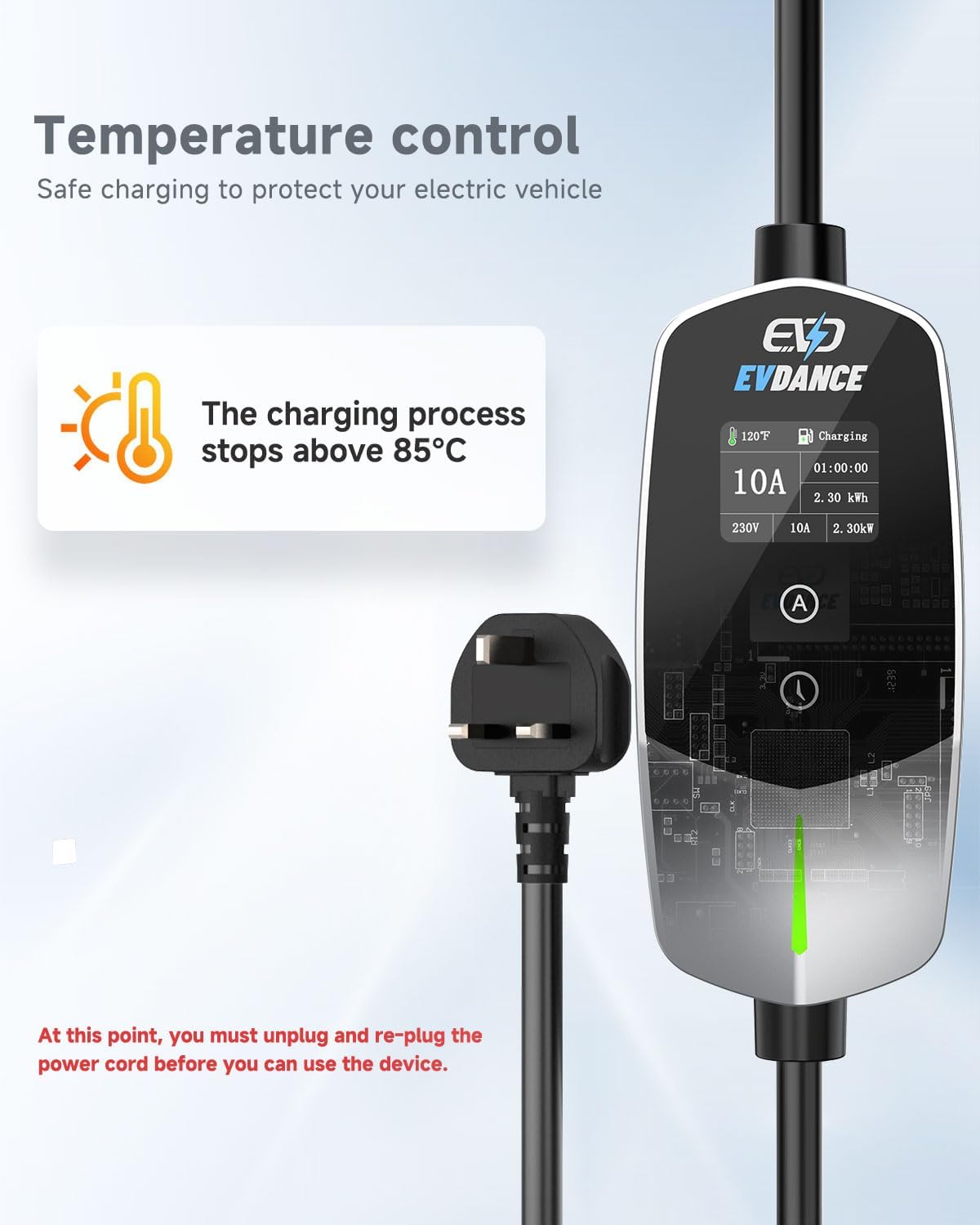 EVDANCE UK 3-Pin Portable EV Charger – Single Phase Type 2, 10A / 2.3kW | Advanced