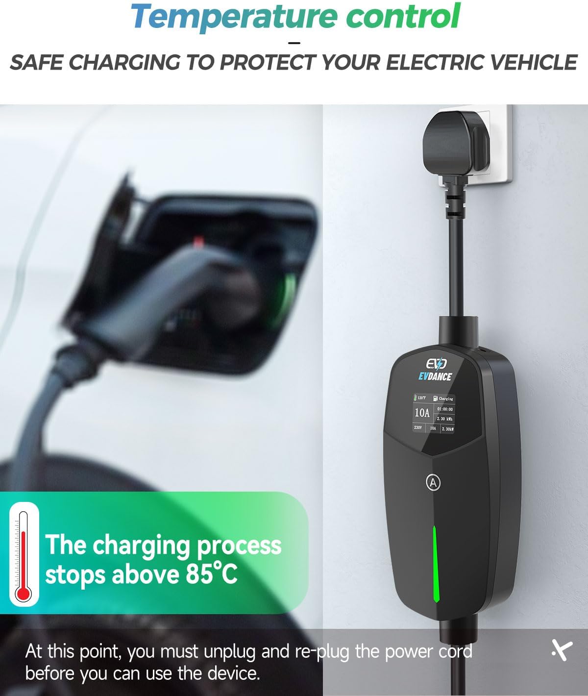 EVDANCE UK 3-Pin Portable EV Charger – Single Phase Type 2, 10A / 2.3kW | Intermediate