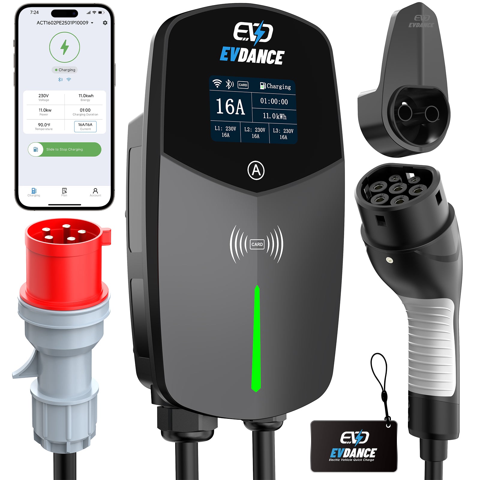 EVDANCE 11 kW Wallbox Typ 2 16A 3-phasig mit CEE-Stecker, WLAN, Bluetooth & RFID