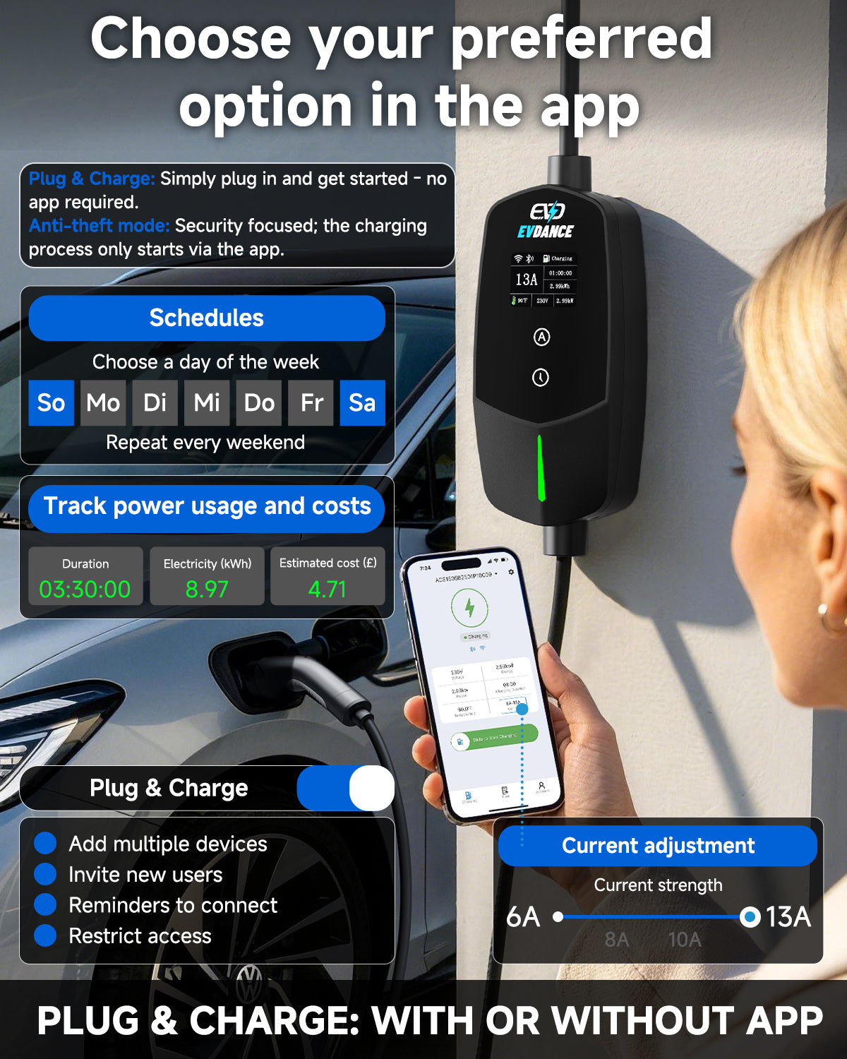EVDANCE UK 3-Pin Smart Portable EV Charger – Single Phase Type 2, 6-13A / 2.99kW | WiFi & APP Control