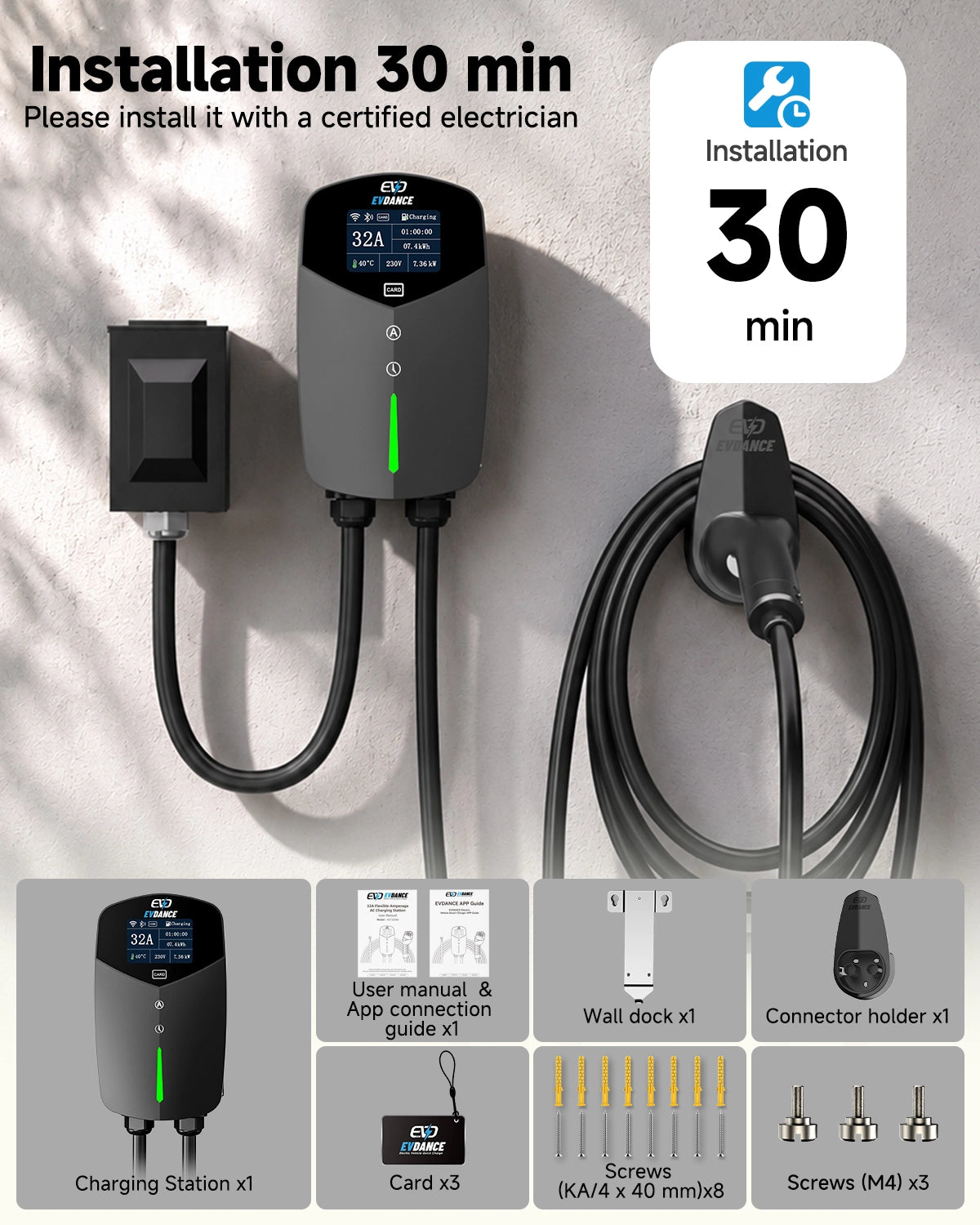 EVDANCE 32A Wallbox EV Charger – Single Phase Type 2, 7.36kW