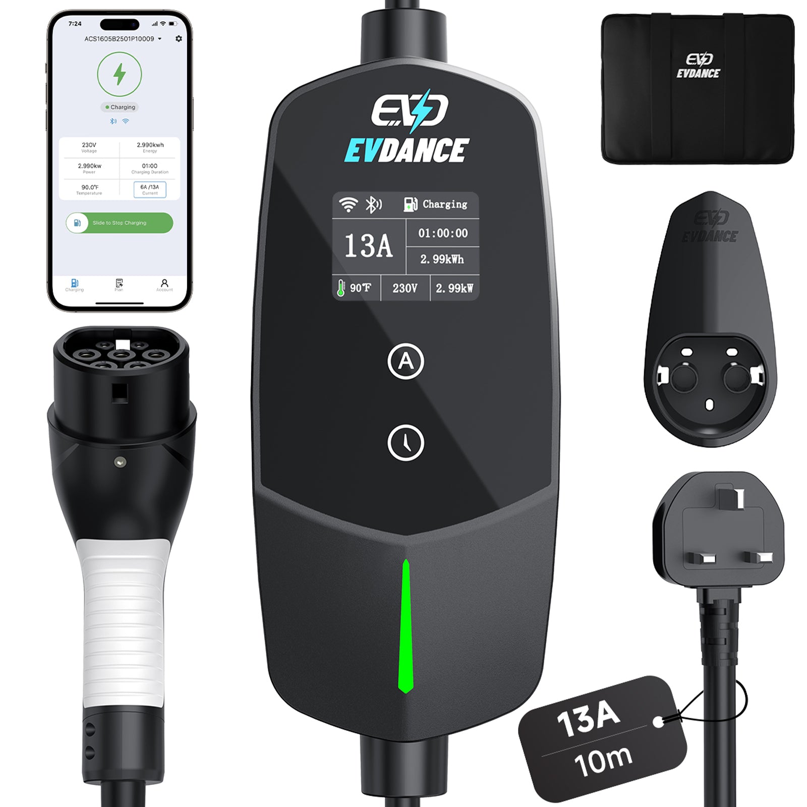 EVDANCE UK 3-Pin Smart Portable EV Charger – Single Phase Type 2, 6-13A / 2.99kW | WiFi & APP Control