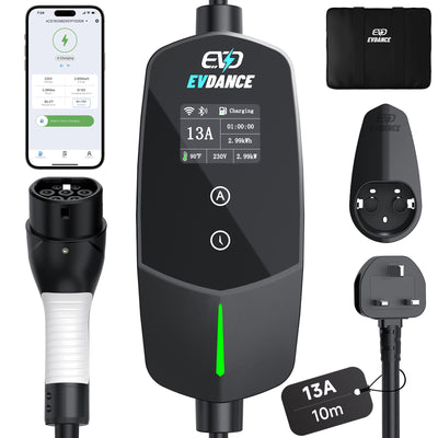 EVDANCE UK 3-Pin Smart Portable EV Charger – Single Phase Type 2, 6-13A / 2.99kW | WiFi & APP Control