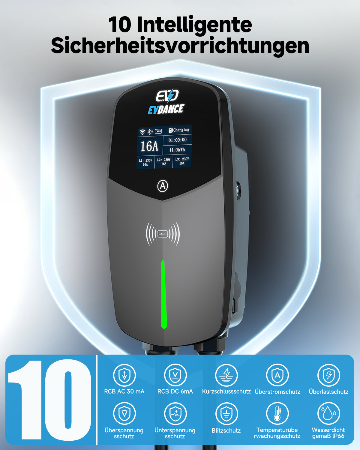 EVDANCE 11 kW Wallbox Typ 2 16A 3-phasig mit CEE-Stecker, WLAN, Bluetooth & RFID