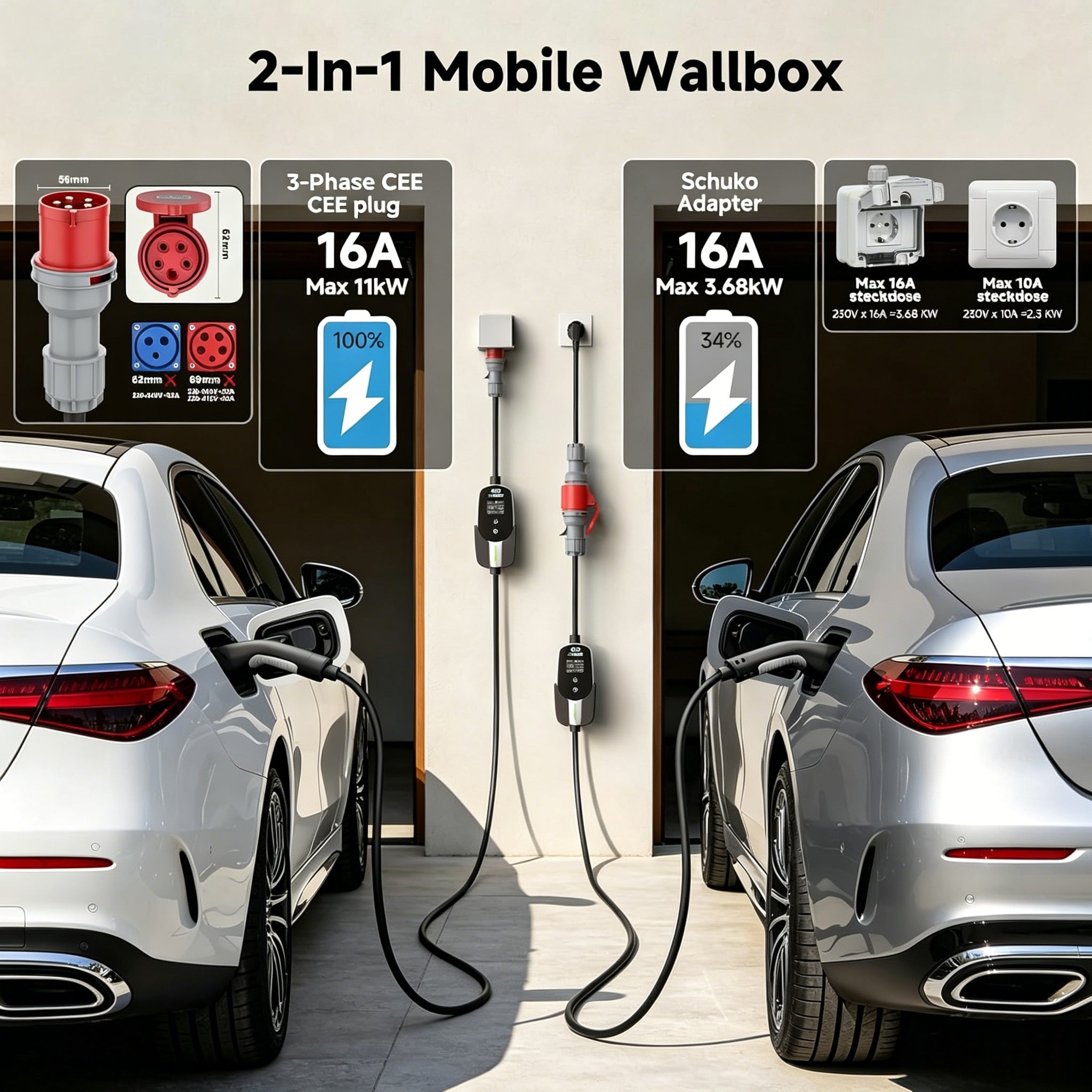 EVDANCE 11kW Mobile Wallbox – 3 Phase Type 2 EV Charger, 16A | 6mA DC Protection