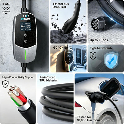 EVDANCE 11kW Mobile Wallbox – 3 Phase Type 2 EV Charger, 16A | 6mA DC Protection
