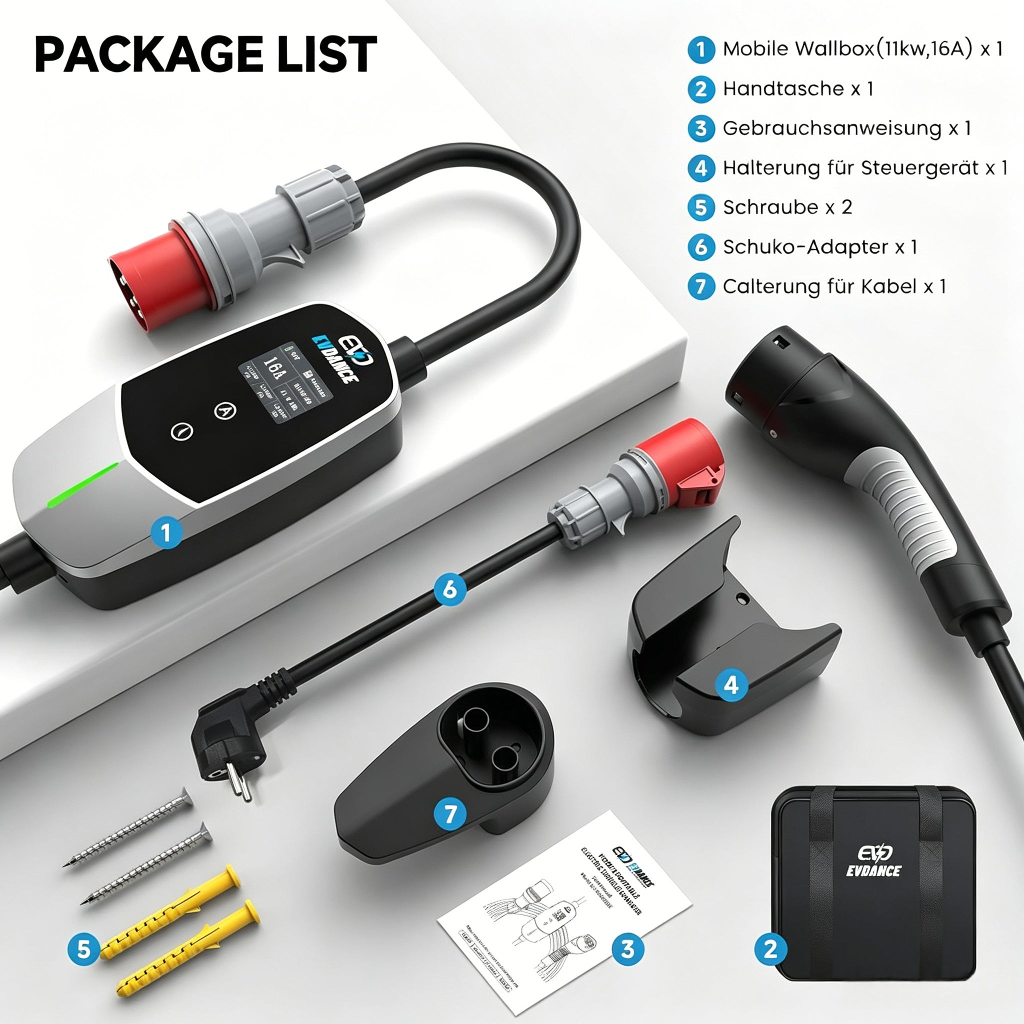 EVDANCE 11kW Mobile Wallbox – 3 Phase Type 2 EV Charger, 16A | 6mA DC Protection