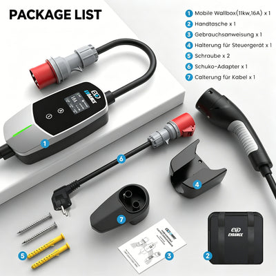 EVDANCE 11kW Mobile Wallbox – 3 Phase Type 2 EV Charger, 16A | 6mA DC Protection