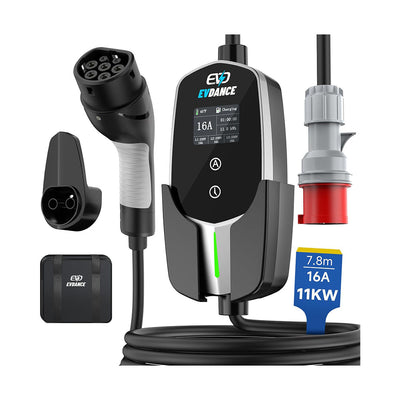 EVDANCE 11kW Mobile Wallbox – 3 Phase Type 2 EV Charger, 16A | 6mA DC Protection