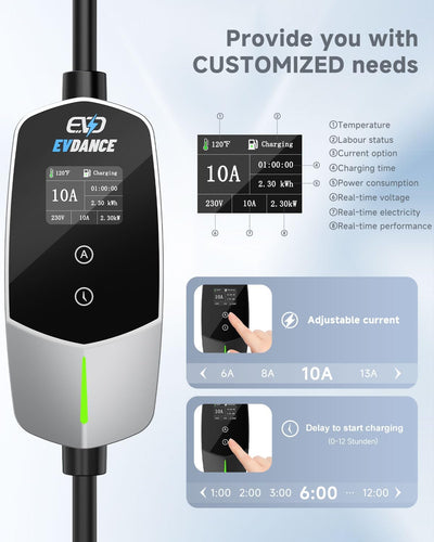 EVDANCE UK 3-Pin Portable EV Charger – Single Phase Type 2, 10A / 2.3kW | Advanced