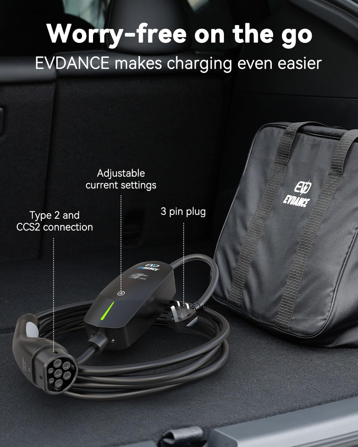 EVDANCE UK 3-Pin Portable EV Charger – Single Phase Type 2, 10A / 2.3kW | Basic