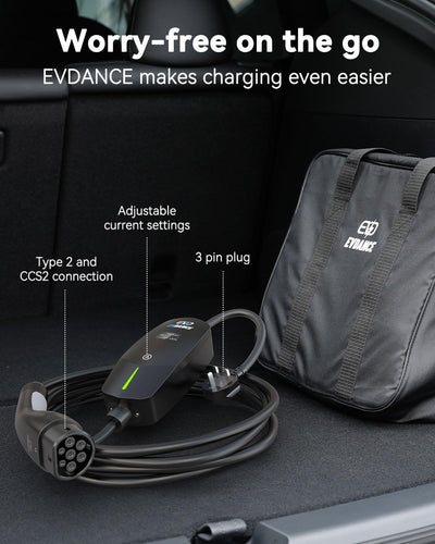 EVDANCE UK 3-Pin Portable EV Charger – Single Phase Type 2, 10A / 2.3kW | Basic